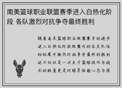 南美篮球职业联盟赛季进入白热化阶段 各队激烈对抗争夺最终胜利