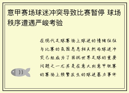 意甲赛场球迷冲突导致比赛暂停 球场秩序遭遇严峻考验