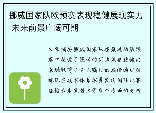 挪威国家队欧预赛表现稳健展现实力 未来前景广阔可期
