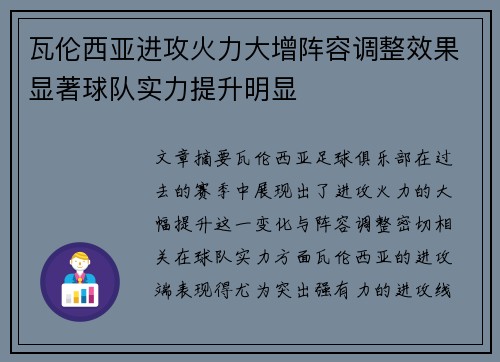 瓦伦西亚进攻火力大增阵容调整效果显著球队实力提升明显