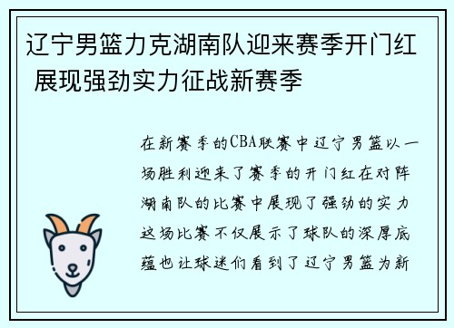 辽宁男篮力克湖南队迎来赛季开门红 展现强劲实力征战新赛季